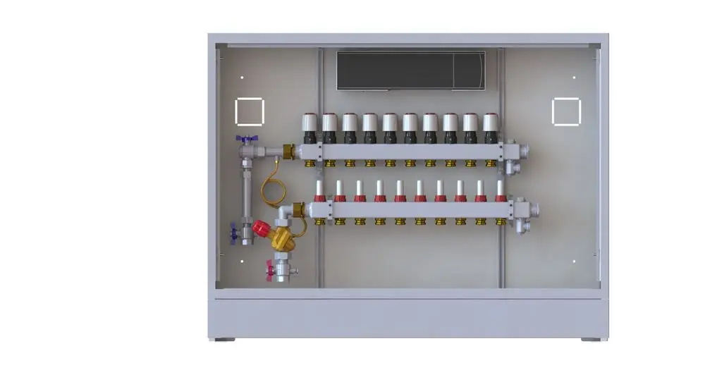 Danfoss Wärmeverteilungsstation mit mehreren Regelventilen und Anschlussleitungen, montiert in einem grauen Gehäuse. Innenansicht zeigt die Anordnung von Komponenten.